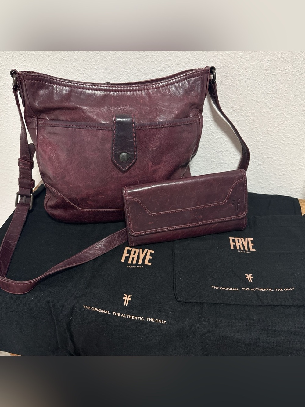 Frye Melissa Button Leather Crossbody Zipper Tote with Matching Wallet Deep Wine
